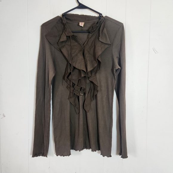 Burning Torch Olive Green Long Sleeve Ruffle Shirt Size Large - Picture 1 of 15